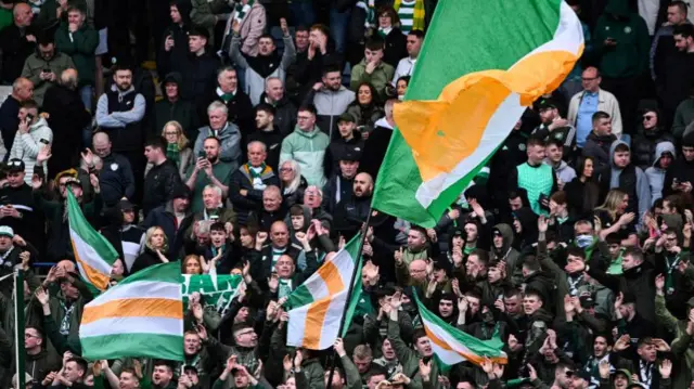 A general view of Celtic supporters during a cinch Premiership match between Dundee and Celtic at Scot Foam Stadium at Dens Park, on April 28, 2024, in Dundee, Scotland.