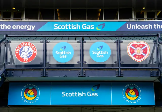 View of Hampden stand featuring Spartans and Hearts branding