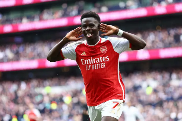 Bukayo Saka of Arsenal celebrates scoring his team's second goal