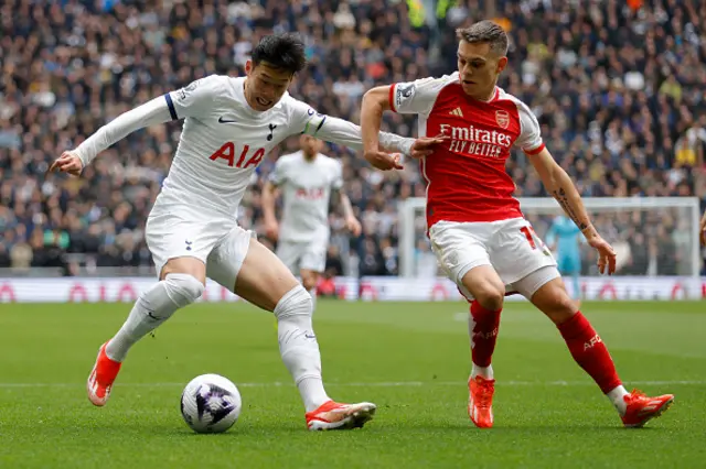 : Heung-Min Son of Tottenham Hotspur and Leandro Trossard