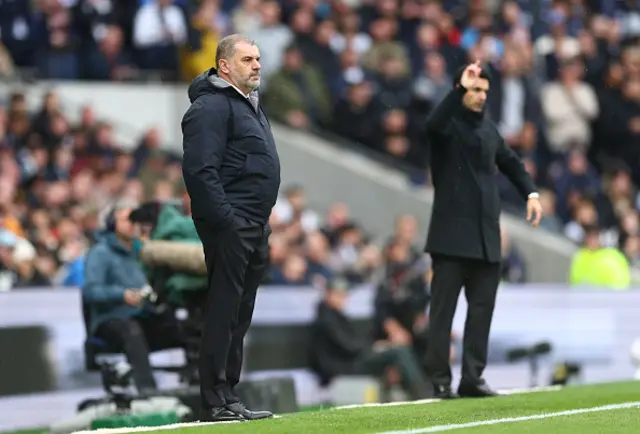 Ange Postecoglou, Manager of Tottenham Hotspur, looks on