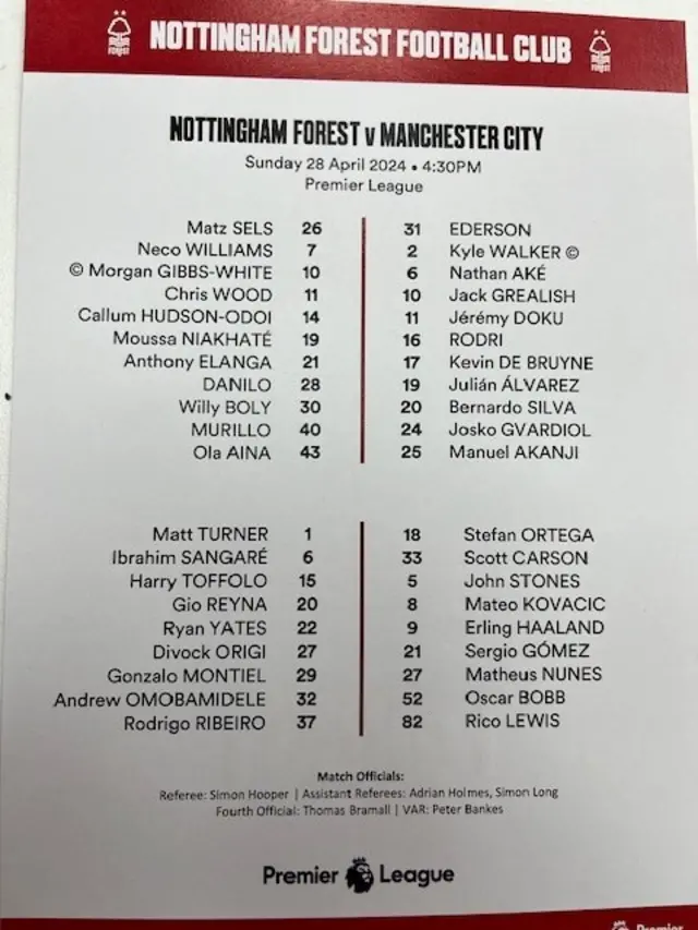 A picture of the team sheet