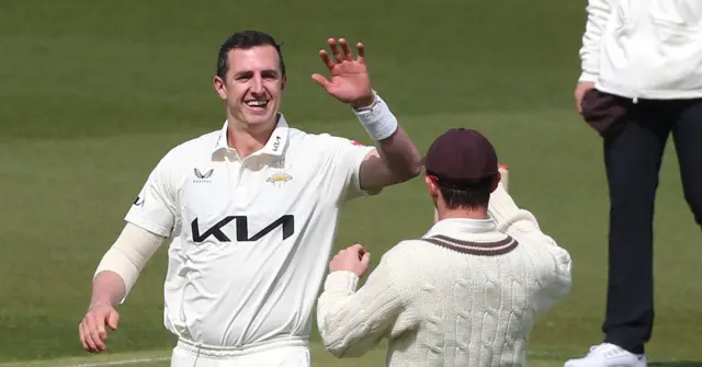 Dan Worrall of Surrey celebrates a wicket