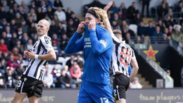 Rangers' Todd Cantwell looks dejected after sending a shot wide during a cinch Premiership match between St Mirren and Rangers at SMiSA Stadium, on April 28, 2024, in Paisley, Scotland.