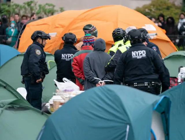 NYPD officers make arrests of Pro-Palestinian protesters on the lawn of Columbia University on Thursday April 18, 2024,