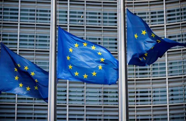 European Union flags, blue with yellow stars placed in a circle