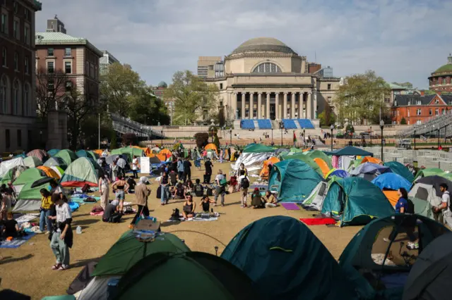 Pro-Palestinian encampment at the Columbia University on April 28, 2024 in New York City.