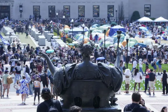 Student demonstrators occupy the pro-Palestinian "Gaza Solidarity Encampment" on the West Lawn of Columbia University on April 29, 2024 in New York City.