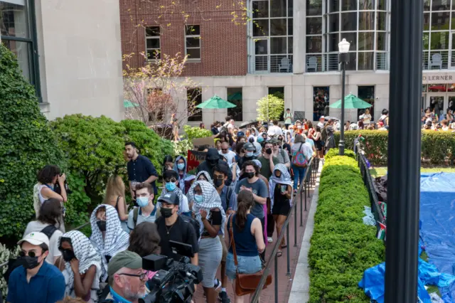 Pro-Palestinian supporters continue to demonstrate with a protest encampment on the campus of Columbia University on April 29, 2024 in New York City.