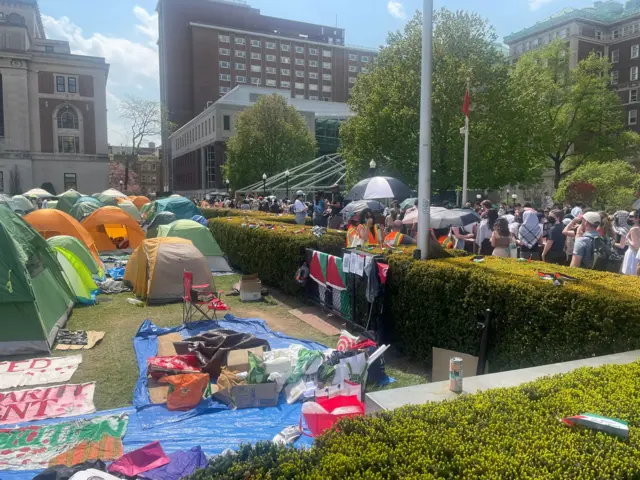 Student surround tents propped on Columbia University's campus.