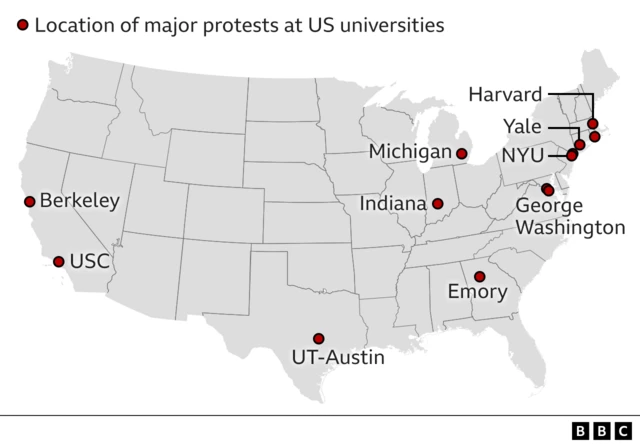 Map showing the location of major protests at universities across the US