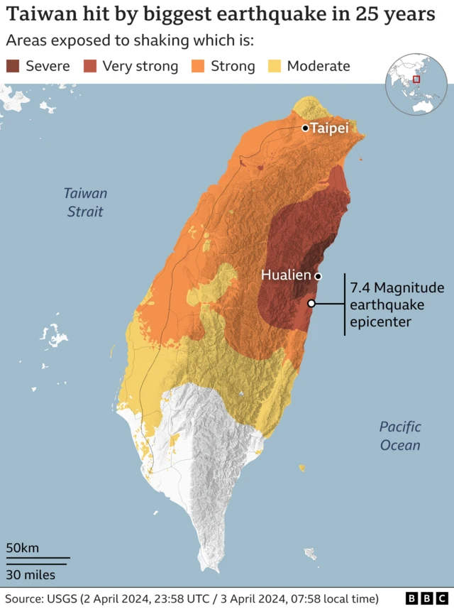 A map showing the epicentre of an earthwuake which hit Taiwan in Hualien and the spread of its effects across the island