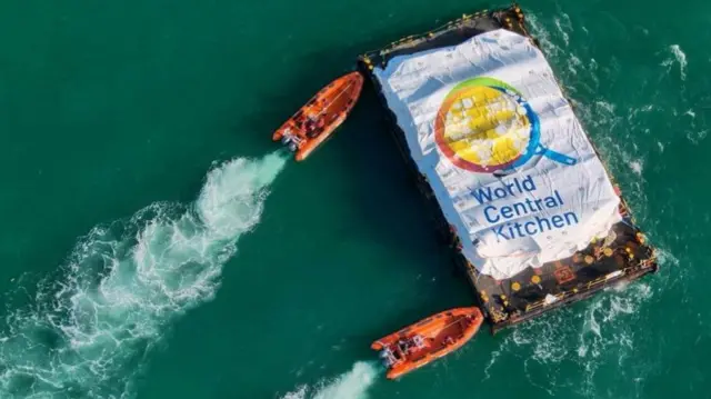 World Central Kitchen barge loaded with food arrives off the Gaza coast