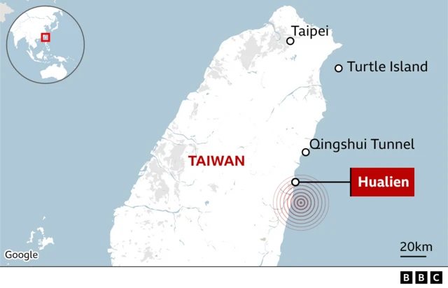 Map shows earthquake epicentre at Hualien in Taiwan