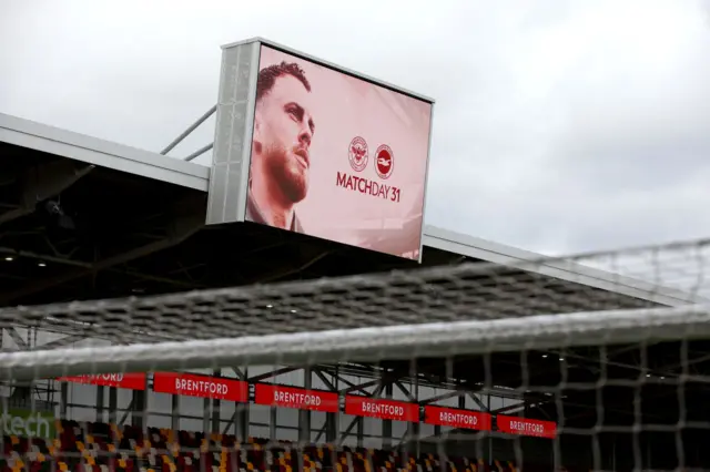 Scoreboard at GTech stadium shows the upcoming fixture v Brighton