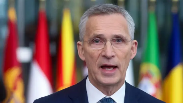 NATO Secretary General Jens Stoltenberg speaks to the media during a North Atlantic Treaty Organization (NATO) Foreign Affairs Ministers meeting in Brussels, Belgium, 03 April 2024.