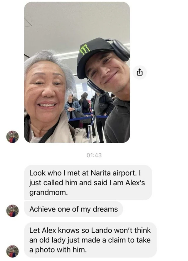 Alex Albon's nan poses with Lando Norris at Narita airport