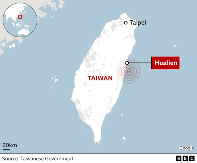 Map of Taiwan shows the epicentre of the earthquake