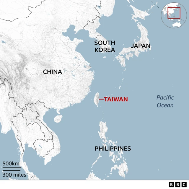 Locator map showing Taiwan in the centre, the pacific ocean to the east, China to the west, the Philippines to the south and Japan to the north