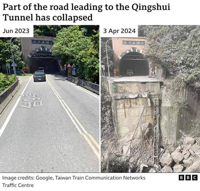 Graphic showing before and after image of the road leading to the Qingshui tunnel. The after image shows a bridge across a gorge before the tunnel entrance has entirely collapsed.