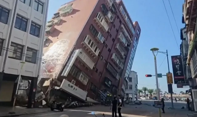 A seven storey building tilted on its side in Hualien city