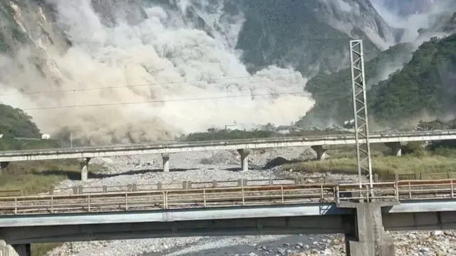 Vew of a landslide after an earthquake hit just off the eastern coast of Taiwan, according to Taiwan's Central Weather Administration, in Xiulin, Hualie