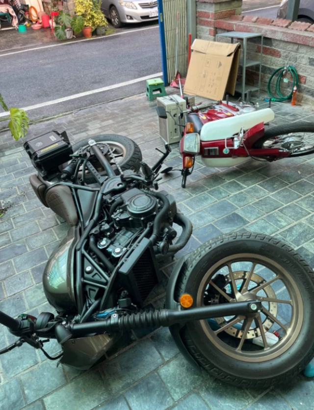 Fallen motorbikes outside Ocean's home