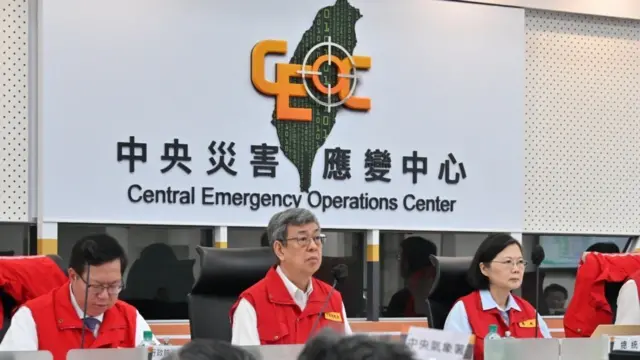 Taiwanese President Tsai Ing-wen attending a meeting on rescue operations and emergency response, following a magnitude 7.4 earthquake that struck Hualien, in Taipei, Taiwa