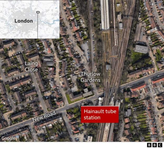 A map showing Thurlow Gardens near Hainault tube station