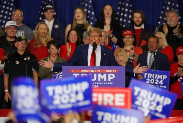 Donald Trump speaks during a campaign rally in Green Bay, Wisconsin, U.S., April 2, 2024