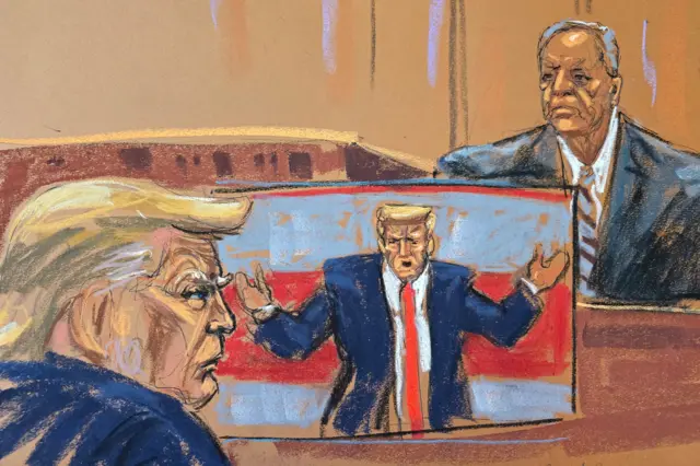 Courtroom sketch of Dr Robert Browning, a C-SPAN archivist, and Donald Trump watching a video of a 2016 campaign rally