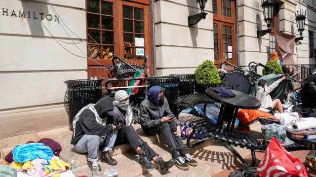 Student protesters camp near the entrance to Hamilton Hall on the campus of Columbia University, in New York, U.S., April 30, 2024. Mary Altaffer/Pool via REUTERS