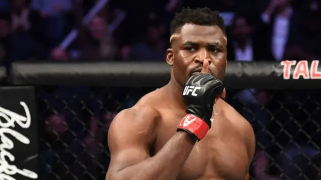 Francis Ngannou of Cameroon celebrates his KO victory over Cain Velasquez in their heavyweight bout during the UFC Fight Night event at Talking Stick Resort Arena on February 17, 2019 in Phoenix, Arizona.