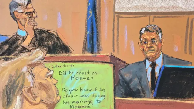 Courtroom sketch of Trump watches as Keith Davidson discusses text messages he sent regarding a hush-money agreement with Karen McDougal