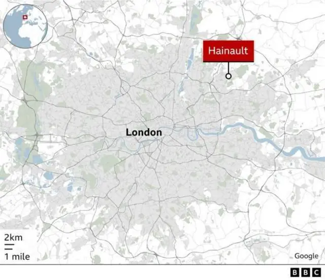 A map showing Hainault's location in north-east London