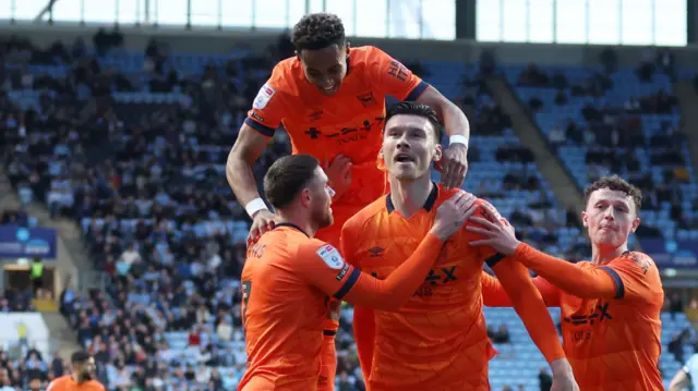 Ipswich celebrate Kieffer Moore's goal against Coventry