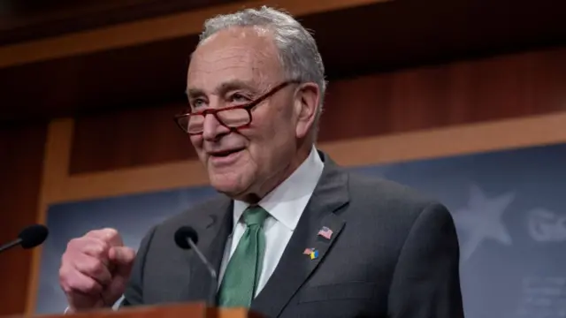 Senate Majority Leader Chuck Schumer (D-NY) speaks to the press.