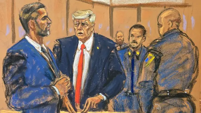 A courtroom sketch shows Donald Trump and his son Eric talking before the start of the trial