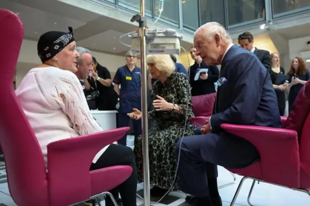 King Charles and Queen Camilla meet with cancer patient Lesley Woodbridge and her husband Roger