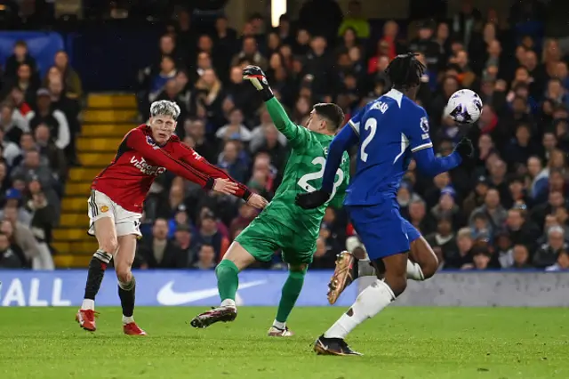 Alejandro Garnacho heads the ball past Djorde Petrovic