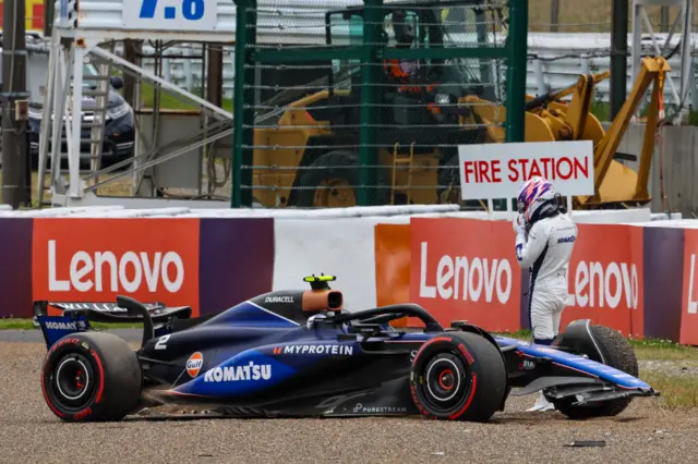 Logan Sargeant looks on after his crash in the Williams in first practice