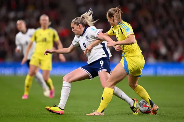 Alessia Russo of England is fouled by Magdalena Eriksson of Sweden during the UEFA EURO 2025 Women's Qualifiers match between England and Sweden at Wembley Stadium