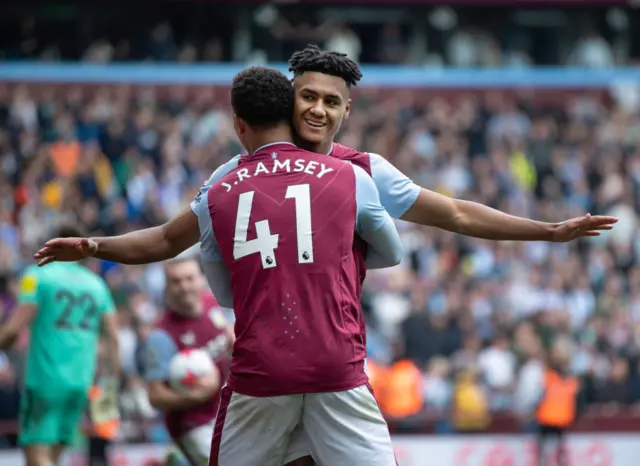 Ollie Watkins and Jacob Ramsey embrace