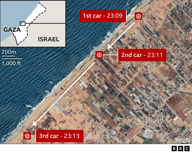 Map showing positionings and timings each car was struck