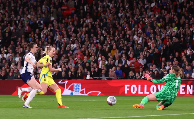 Sweden's Stina Blackstenius shoots wide against England