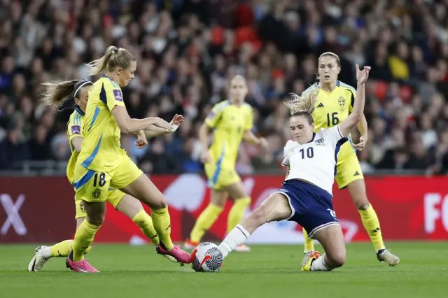 England’s Grace Clinton (right) and Sweden’s Fridolina Rolfo battle for the ball during the UEFA Women's Euro 2025 qualifying round League A, Group A3 match at Wembley Stadium, London