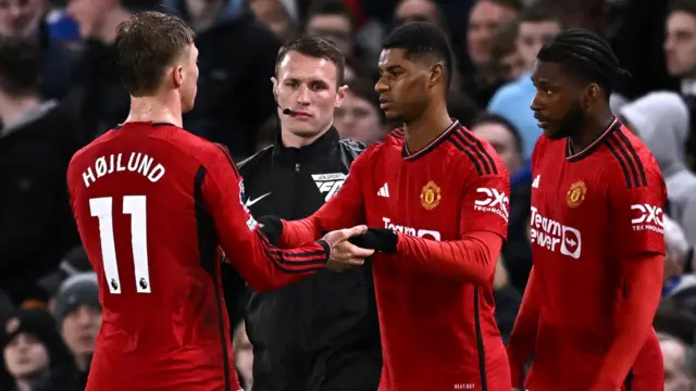 Marcus Rashford comes on for Manchester United at Chelsea