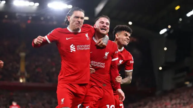 Darwin Nunez, Alexis Mac Allister and Luis Diaz celebrate at Anfield