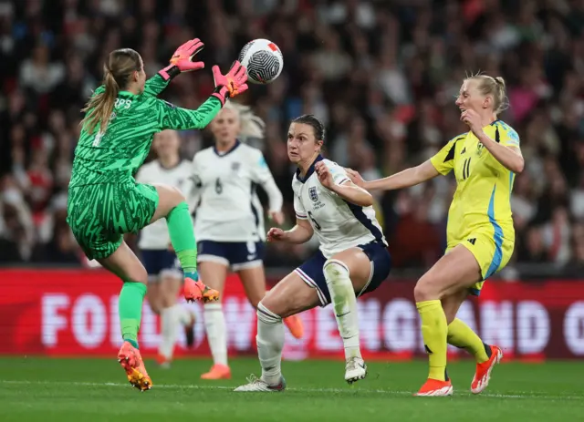 England's Mary Earps collects a cross against Sweden