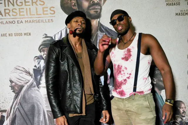 Vuyo Dabula and Sisanda Henna during Five Fingers for Marseilles movie premiere at the Market Theatre on March 08, 2018 in Johannesburg, South Africa.